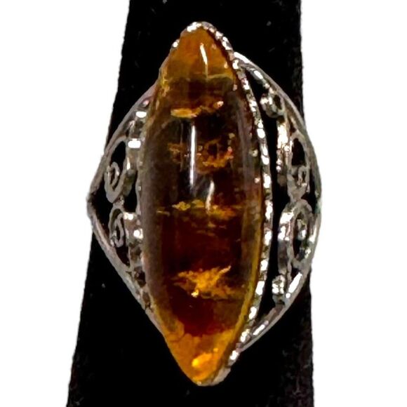 Vintage Statement Natural Baltic Amber Marquise Ring Ornate Silver Filigree Sz6 - Picture 3 of 10